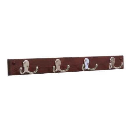 Wooden Mallet® Wall Mounted Coat Rack, 4 Double Prong Hook Rail, Nickel/Mahogany
